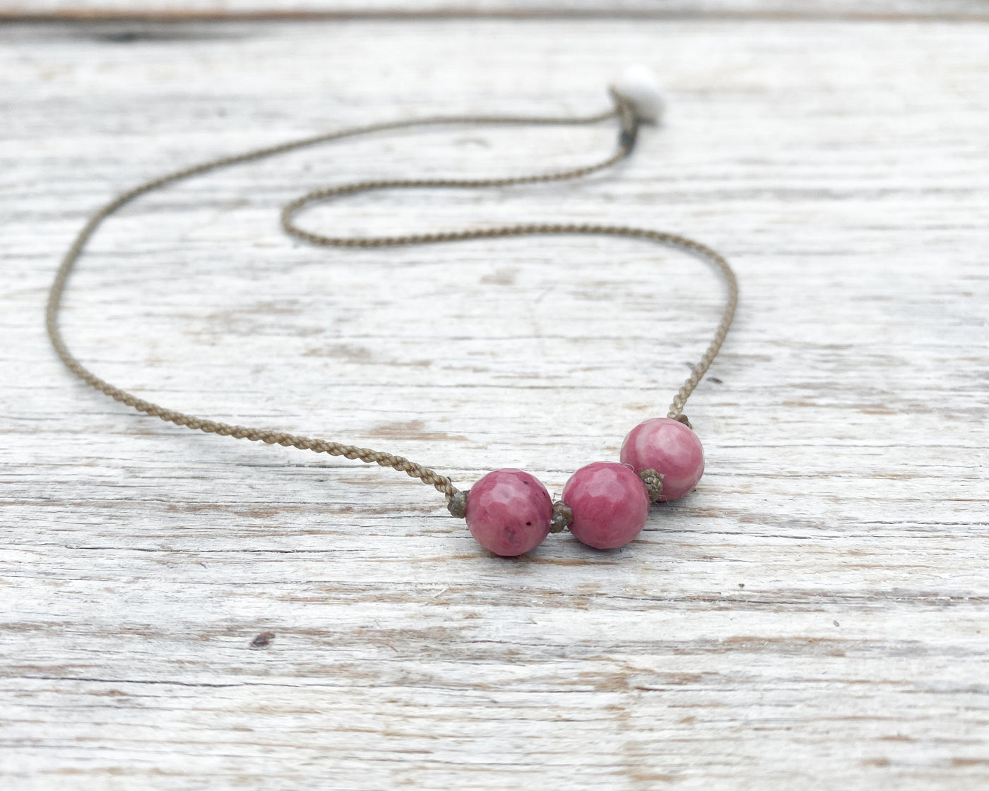 Triple Knotted Necklace-0470-Rose Rhodonite Faceted Round Medium