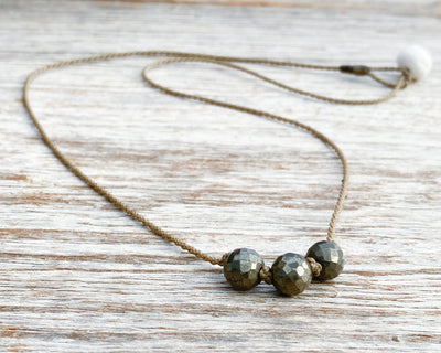 Triple Knotted Necklace-1904-Pyrite Faceted Medium