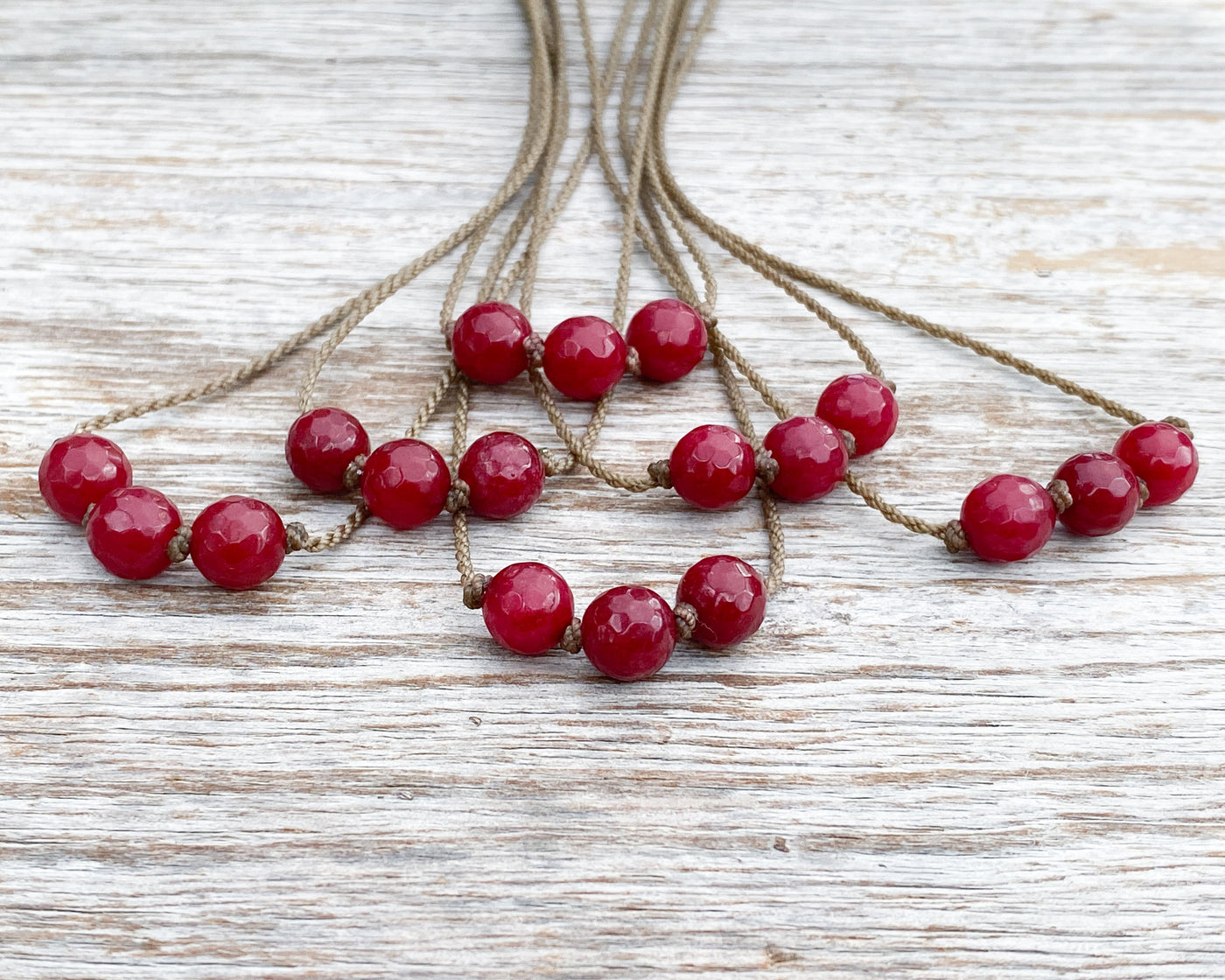 Triple Knotted Necklace-0536-Ruby Jade Round Medium