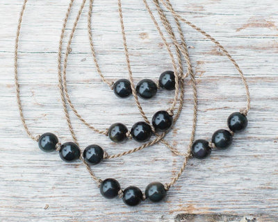 Triple Knotted Necklace-1762-Obsidian Round Medium